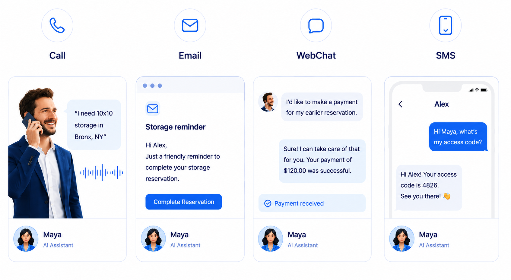 Maya multi-channel interface for voice, SMS, email, and web chat